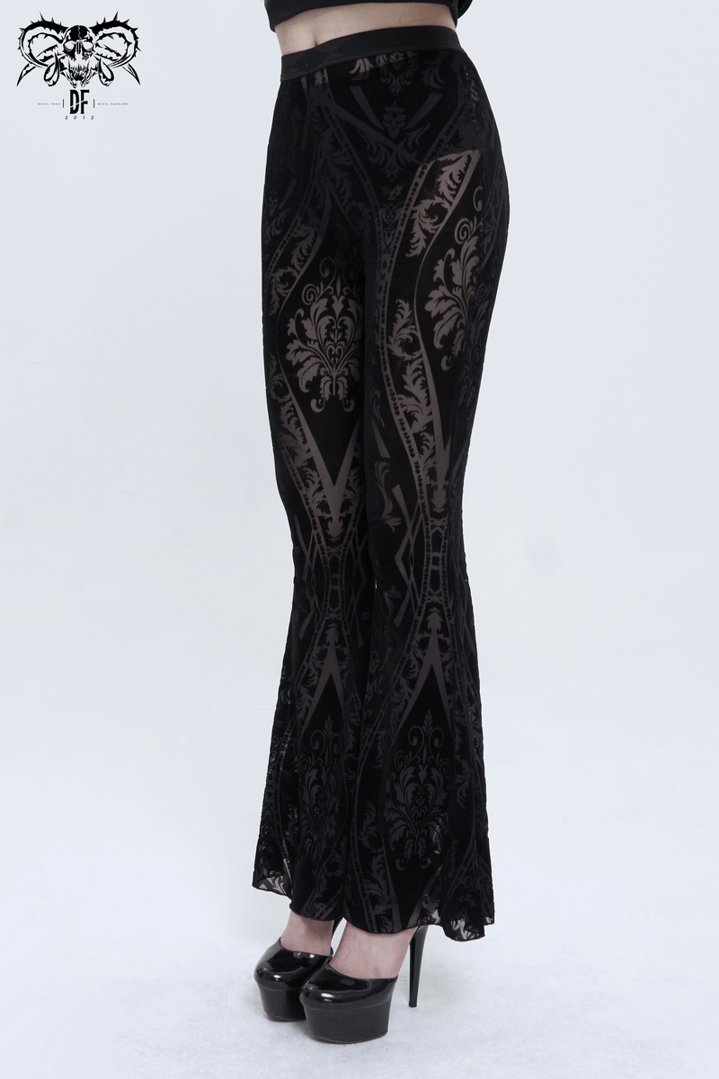 Gothic style black flared pants for women with stylish pattern, showcasing a trendy slim fit silhouette.