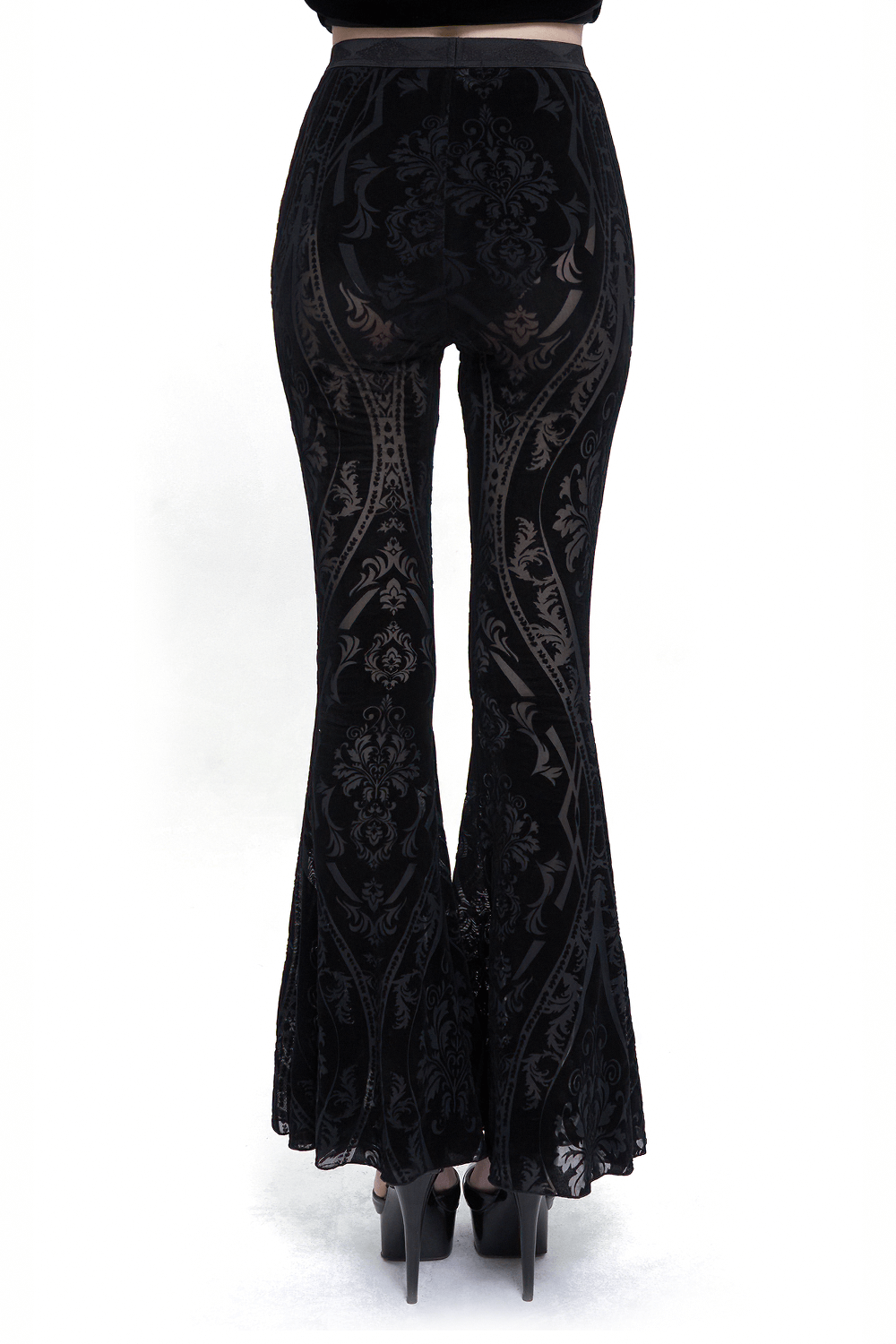 Back view of sexy black flared pants with gothic pattern, showcasing stylish design and slim fit for women.