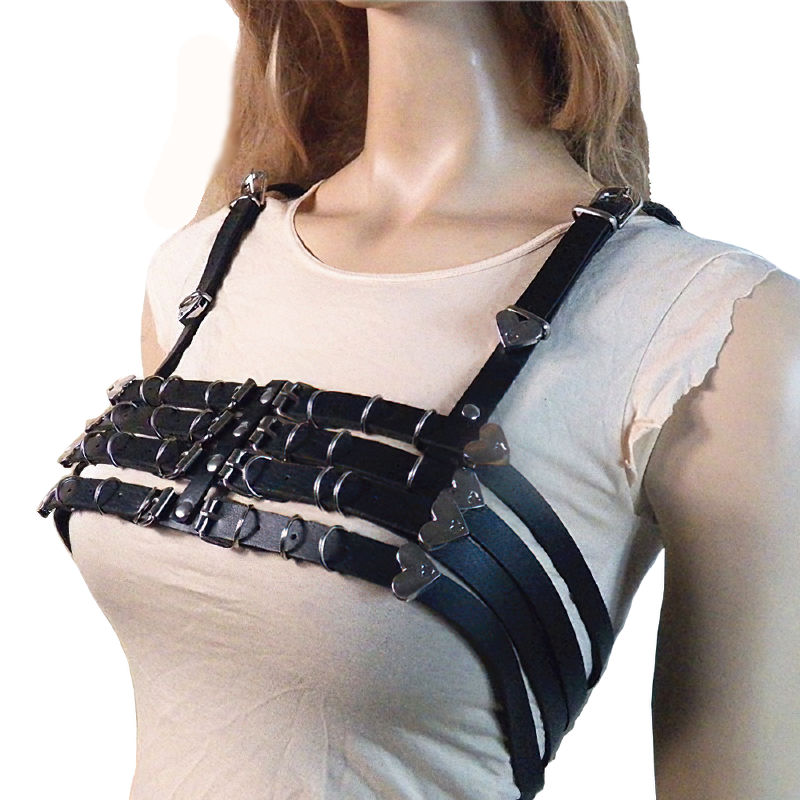 Sexy PU leather bra harness with heart-shaped metal accents, perfect for alternative fashion enthusiasts.