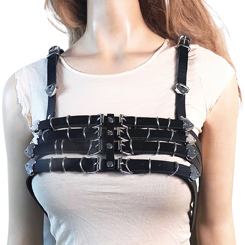 Black PU leather harness bra with heart-shaped metal elements for an edgy, sexy style.