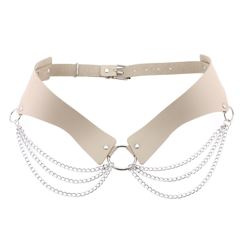 Stylish PU leather harness chain belt for women, featuring silver chains and a gothic design.