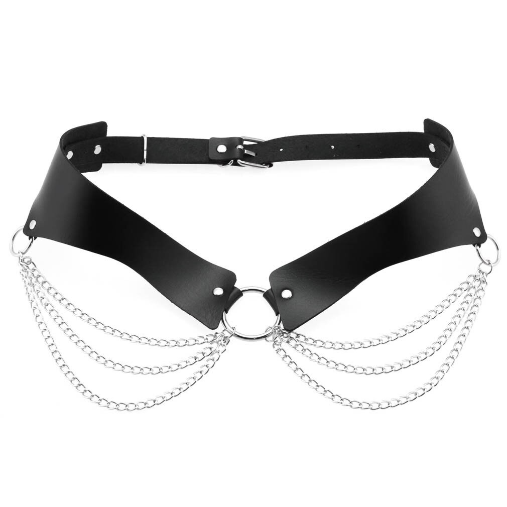Stylish black PU leather harness belt with silver chains, perfect gothic accessory for women to enhance their figure.