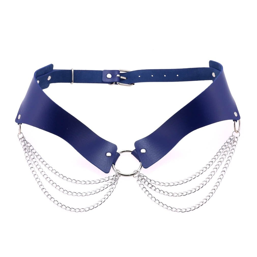 Gothic women's PU leather harness belt with silver chains, stylish accessory in blue, perfect for enhancing your figure.