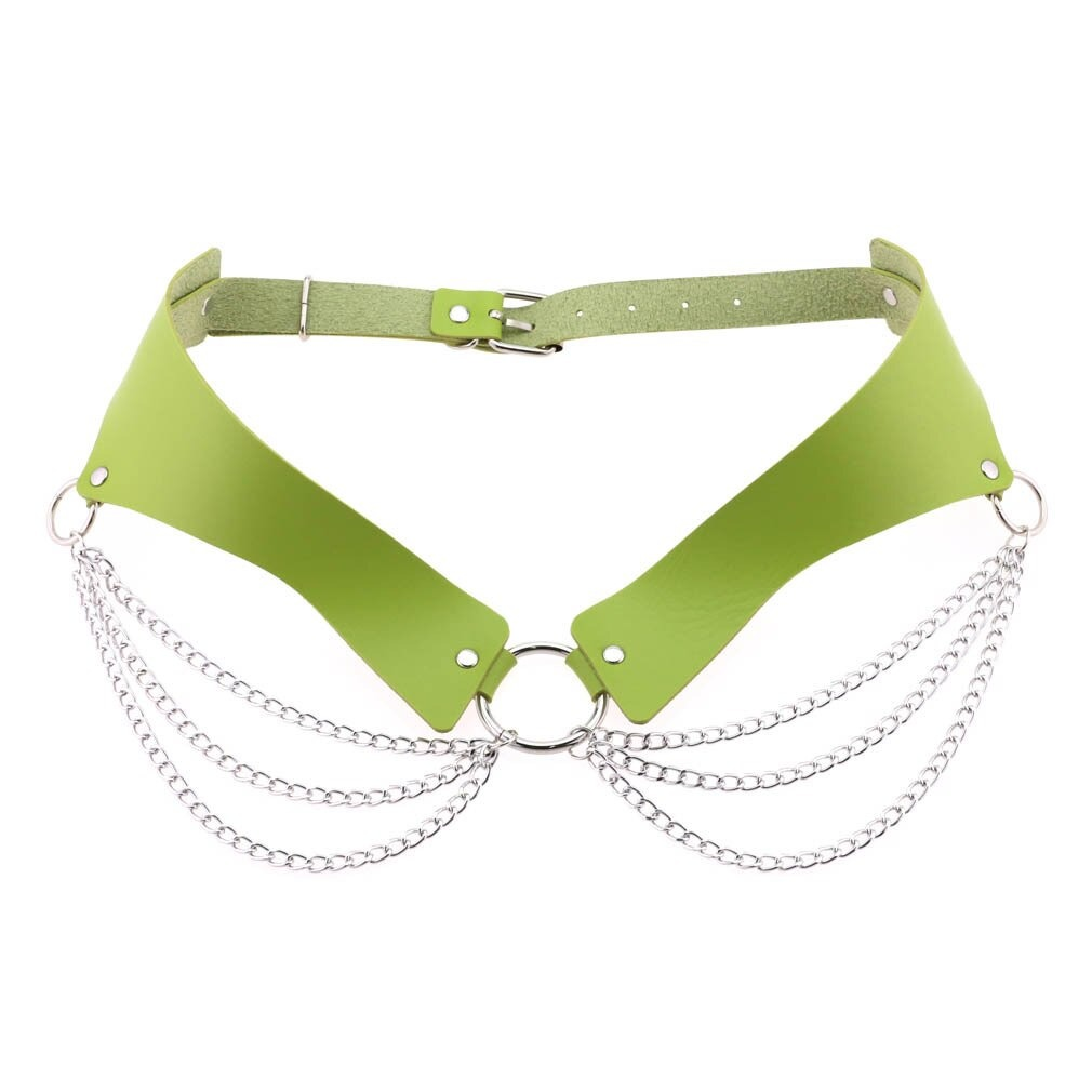 Gothic women's PU leather harness chain belt in vibrant green, featuring silver chains for a stylish touch.