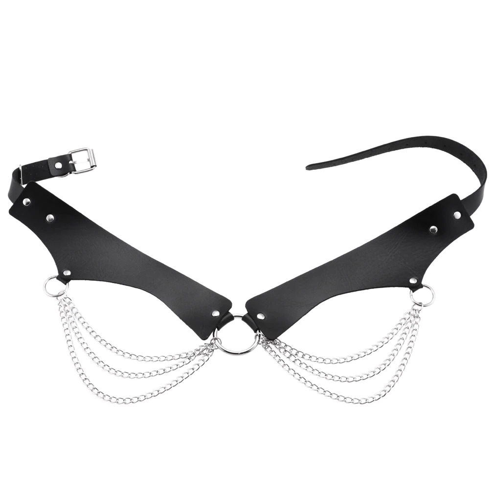 Stylish women's gothic harness belt in black PU leather with silver chain details, perfect for adding edgy flair to any outfit.