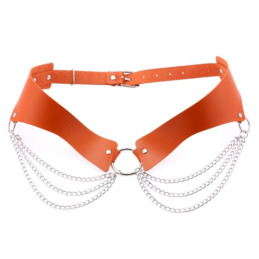 Sexy orange PU leather harness belt with silver chains for women, perfect gothic accessory to accentuate your figure.