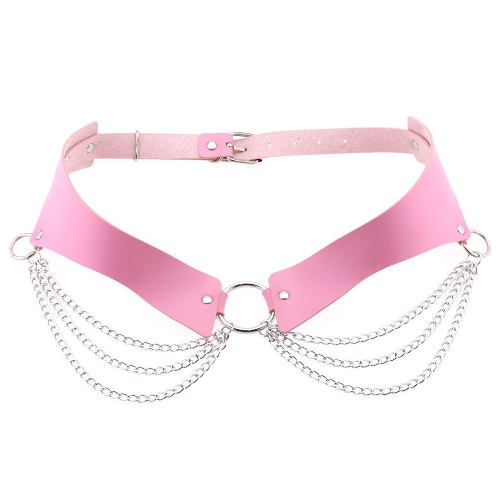 Stylish pink PU leather harness chain belt with silver chains for women, perfect gothic fashion accessory.