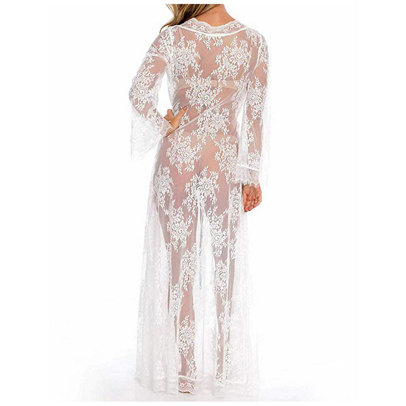 Elegant white lace kimono robe for women, showcasing a sheer design and long sleeves, perfect for a sexy nightwear look.