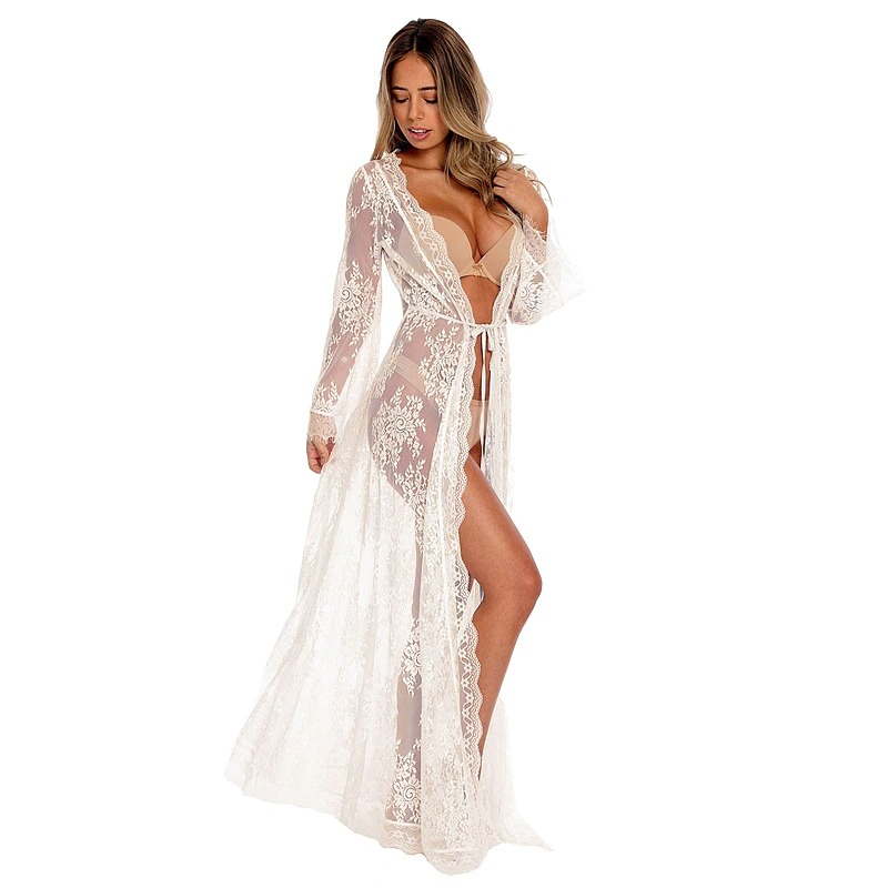 Sexy See Through Lace Kimono Robe for Women / Erotic Ladies Nightgown with Long Sleeves - HARD'N'HEAVY