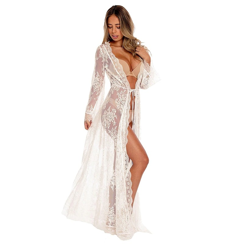 Elegant see-through lace kimono robe for women, perfect for a romantic night or beach cover-up.
