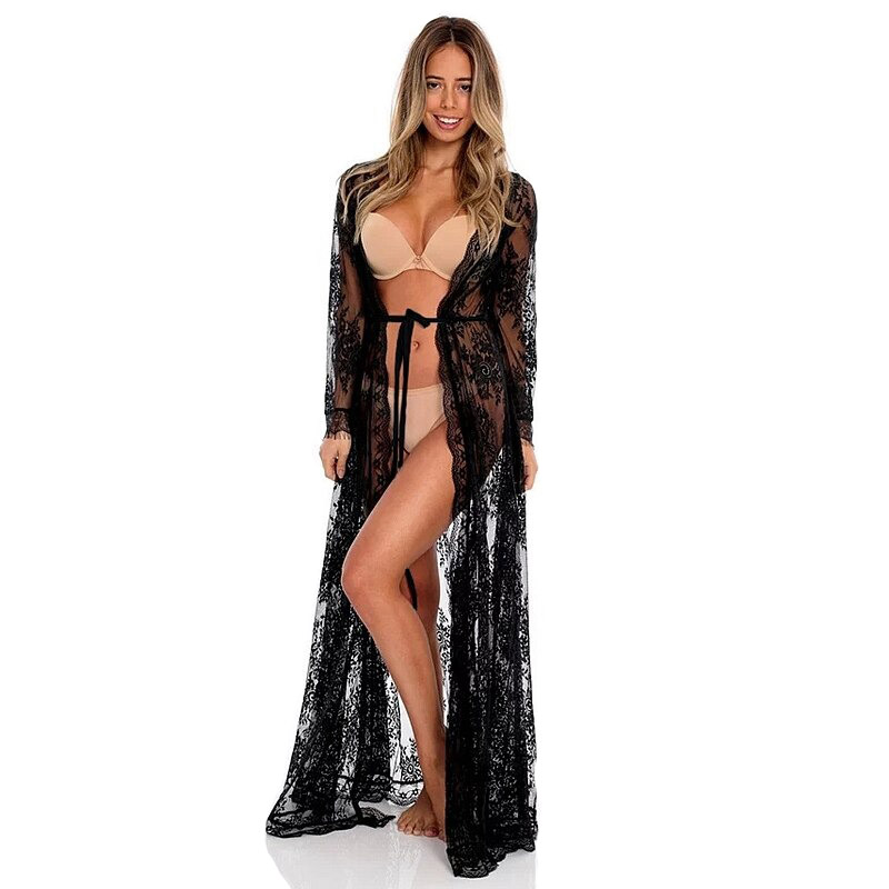Sexy see-through lace kimono robe for women, perfect for beachwear or as a light nightgown.