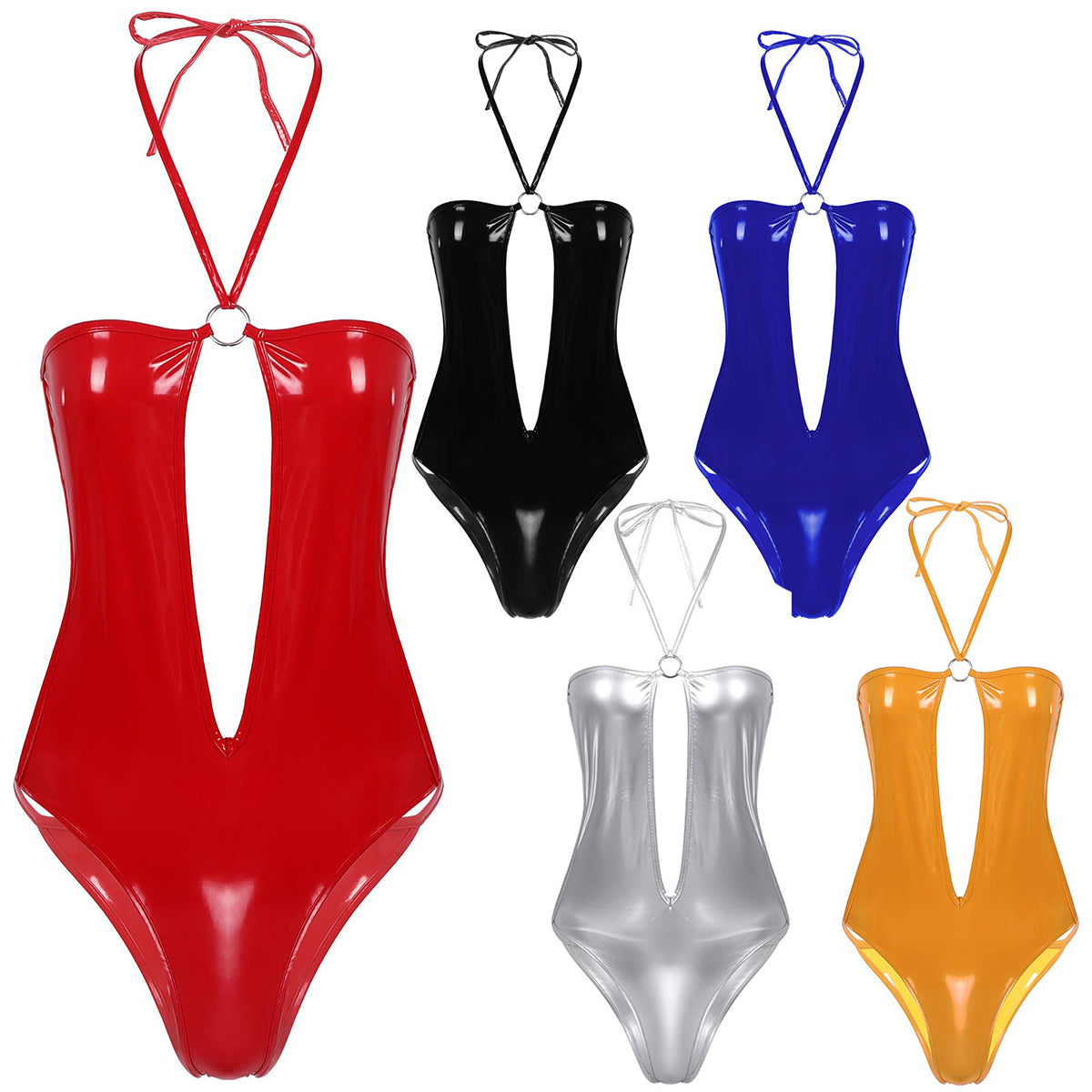 Colorful sexy patent leather halter bodysuits display: red, black, blue, silver, and orange high cut leotards.