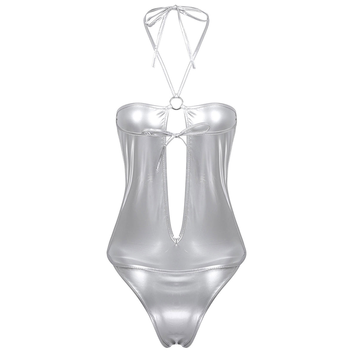 Sexy shiny patent leather bodysuit with hollow out design and halter neck, perfect for a fierce look.
