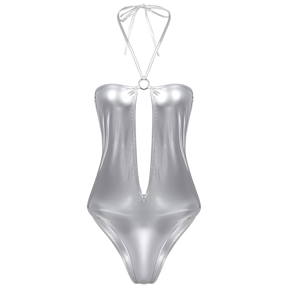 Shiny silver patent leather women's bodysuit with deep V cut and halter neck design.