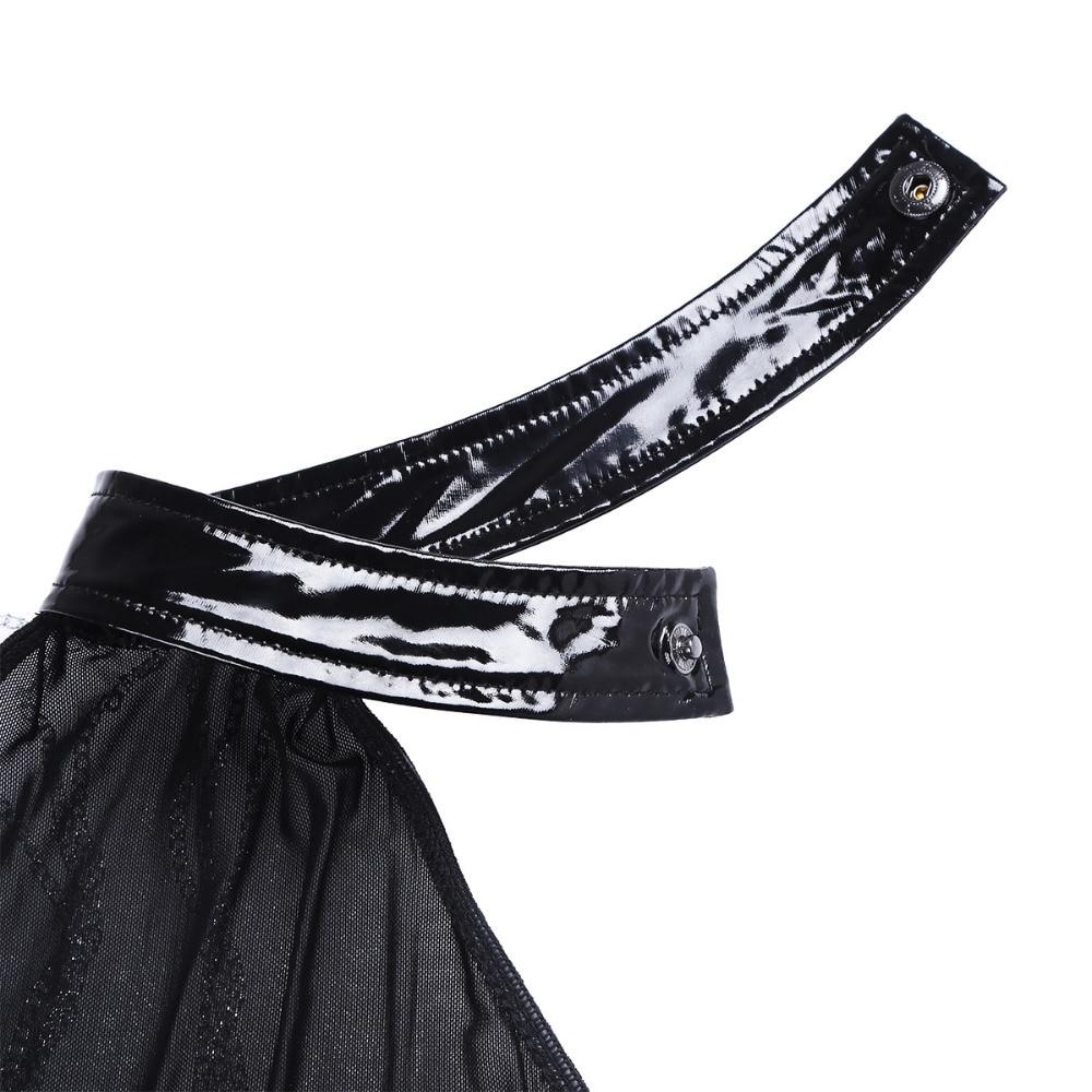 Close-up of the black halter strap on a sexy gothic dress featuring a shiny, smooth finish and unique print.