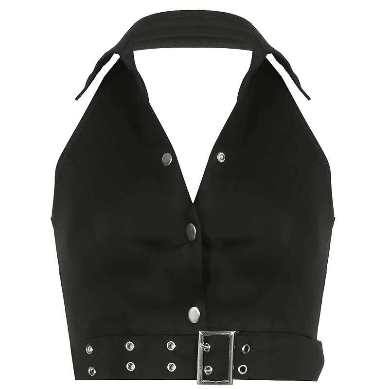 Stylish black crop top with turn-down collar, sleeveless design, and belted accent for trendy casual wear.