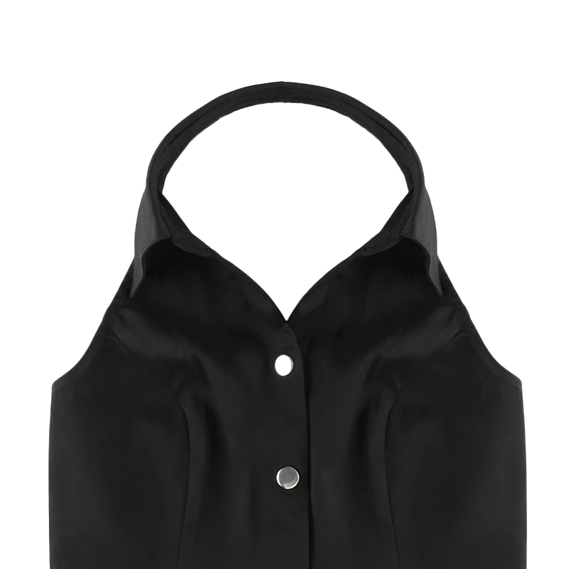 Trendy women's black slim crop top with turn-down collar and sleeveless design, perfect for casual streetwear.