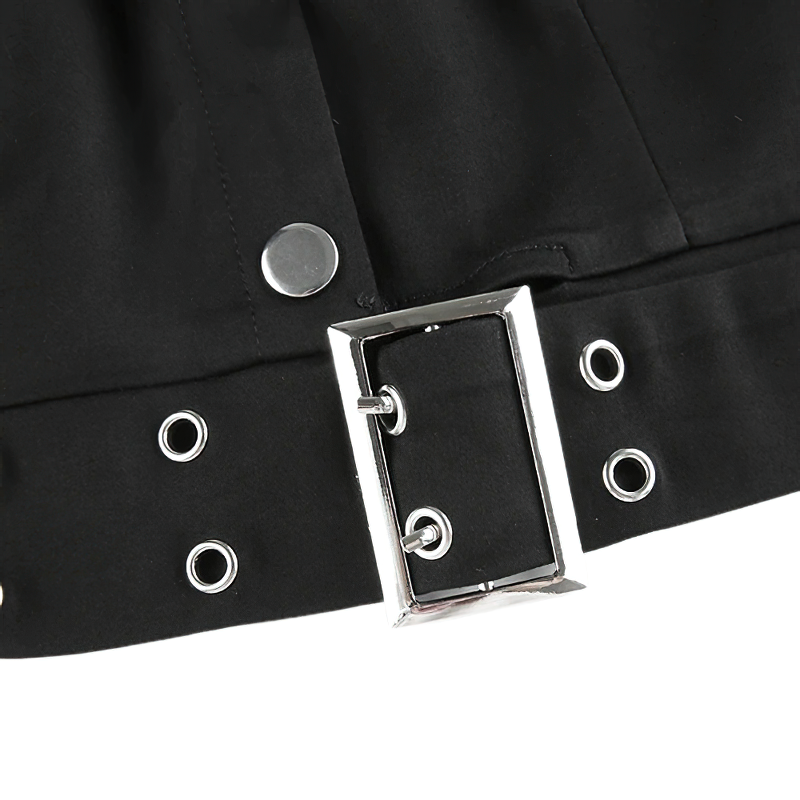 Close-up of stylish belt detail on a black sleeve-less women's slim crop top for casual streetwear.