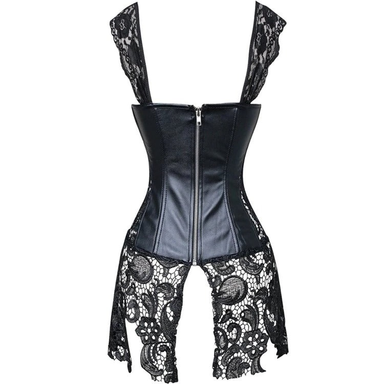 BLACK FAUX LEATHER BUSTIER CORSET TOP OVERBUST SEXY FETISH LINGERIE 2340