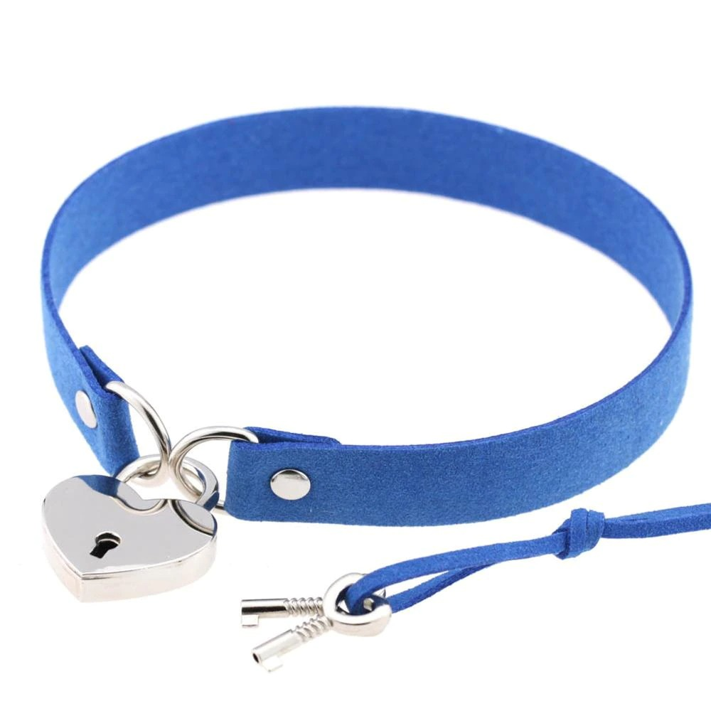 Blue suede choker with silver heart lock pendant, perfect for gothic and alternative fashion enthusiasts.