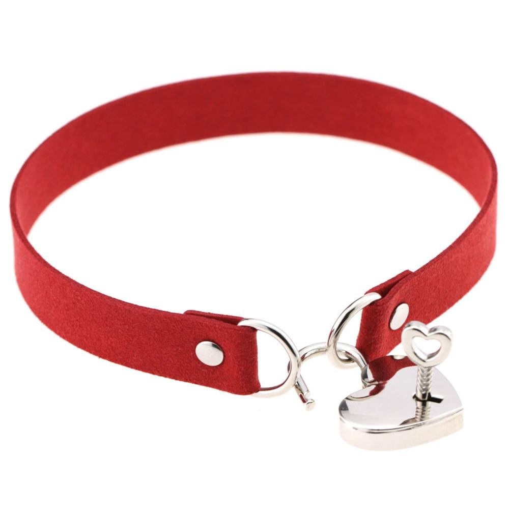 Red steampunk metal lock heart choker collar, perfect for alternative fashion and gothic style accessories.