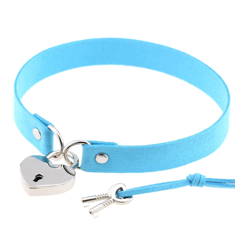 Blue suede choker with silver heart lock pendant, a stylish gothic accessory for unisex fashion lovers.