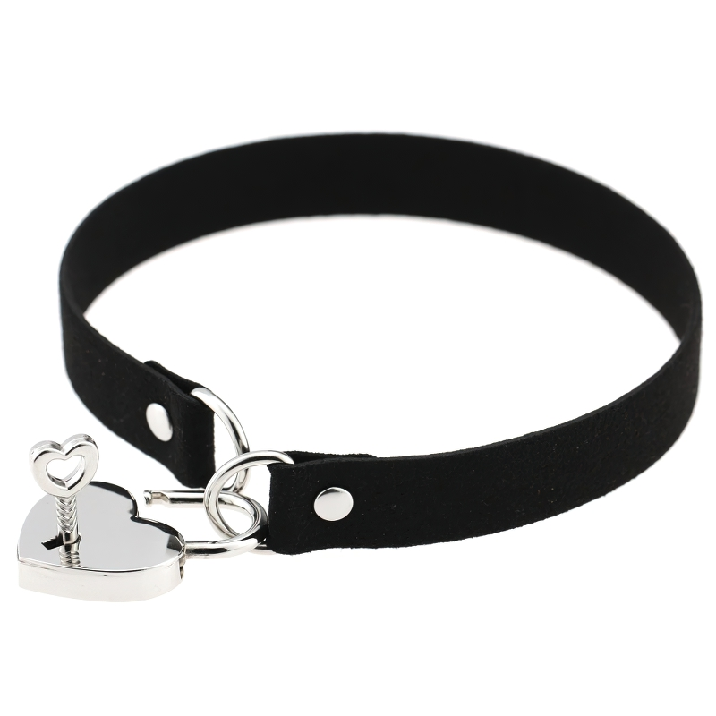 Gothic heart choker collar with silver lock and key pendant, alternative fashion accessory, stylish unisex design.
