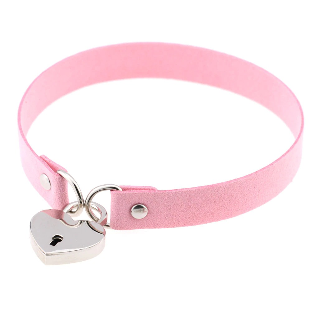 Pink steampunk metal lock heart choker collar, perfect for gothic style fashion lovers.