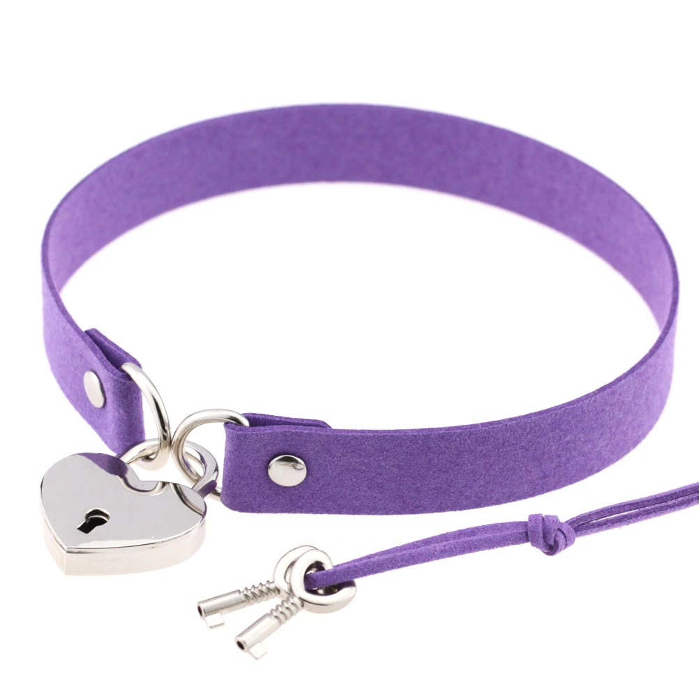 Purple suede heart lock choker collar with silver key pendants, stylish alternative fashion accessory for alternative styles.