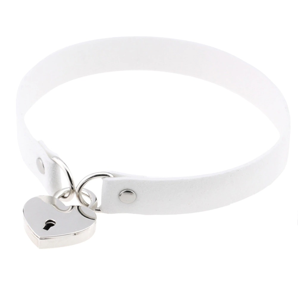White steampunk heart choker collar with a silver lock pendant, perfect for gothic and alternative fashion lovers.