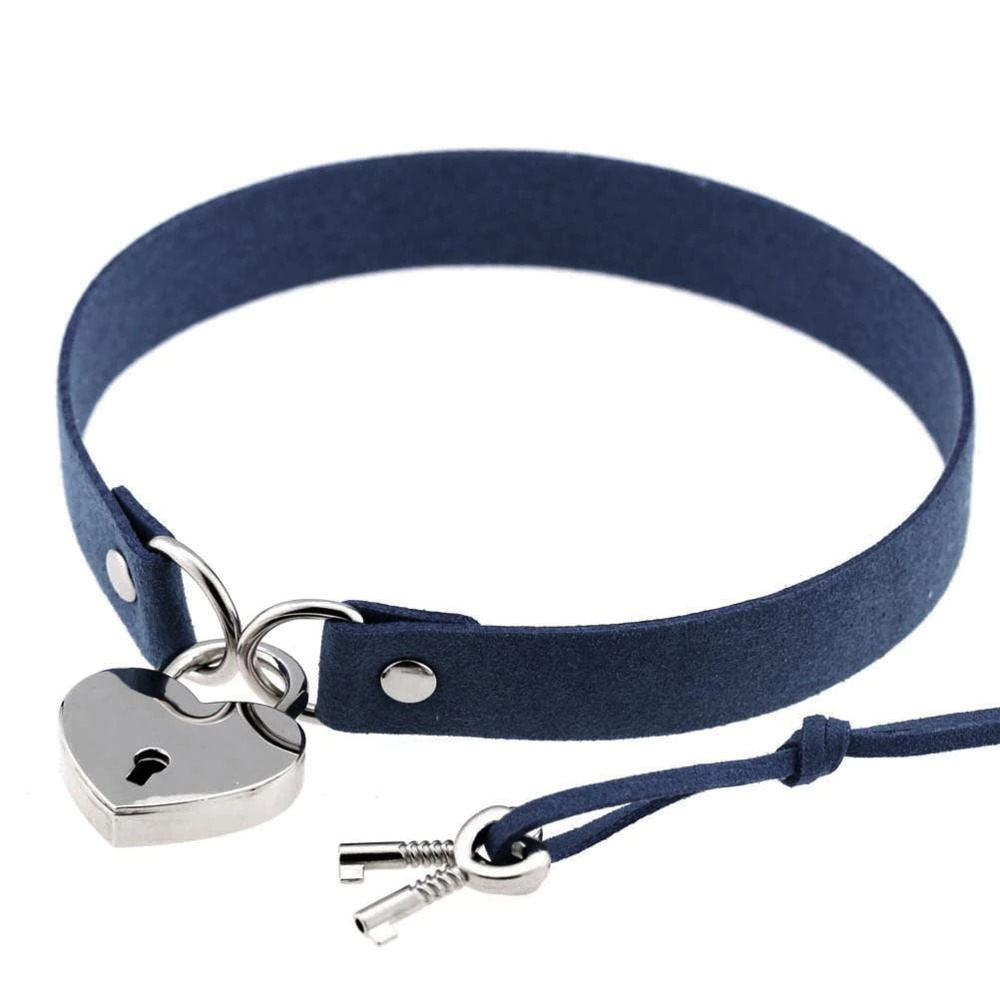 Navy blue steampunk heart choker collar with metallic lock and key pendants, perfect for alternative fashion enthusiasts.