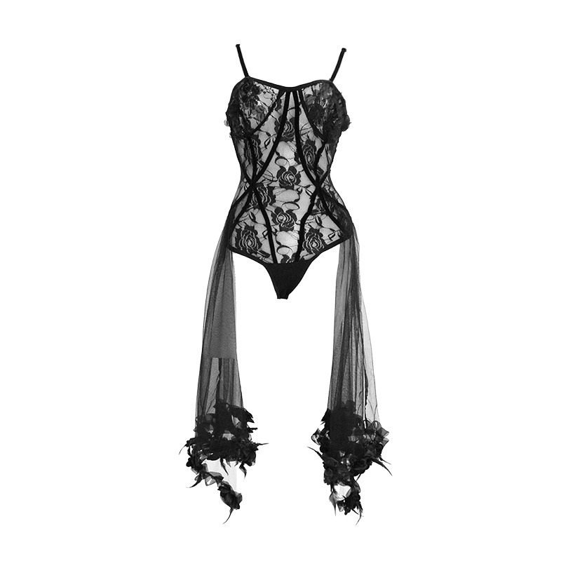 Sexy Transparent Lace Bodysuit With Straps / Gothic Body with Elastic Lace-up Back - HARD'N'HEAVY