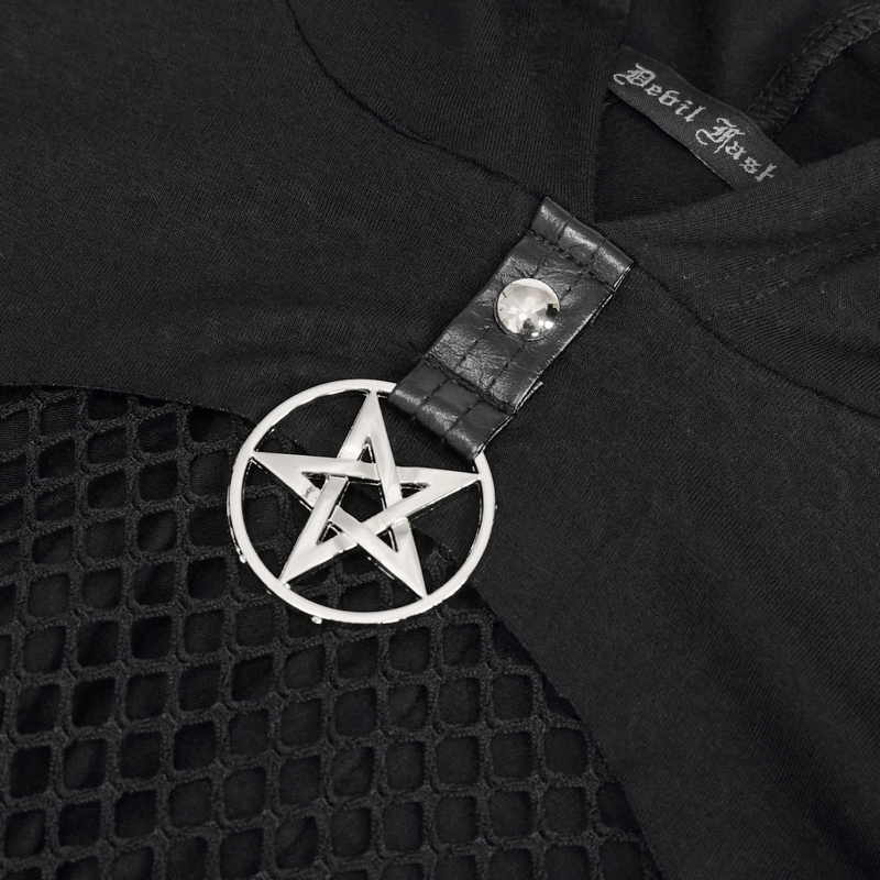 Close-up of a black gothic top featuring a pentagram brooch and mesh fabric detail, perfect for a sexy, edgy look.