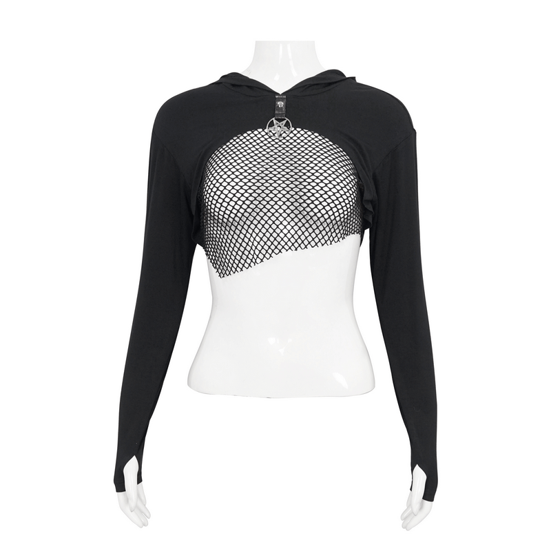 Gothic long sleeve black top with hood and fishnet design for women, perfect for a stylish edgy look.