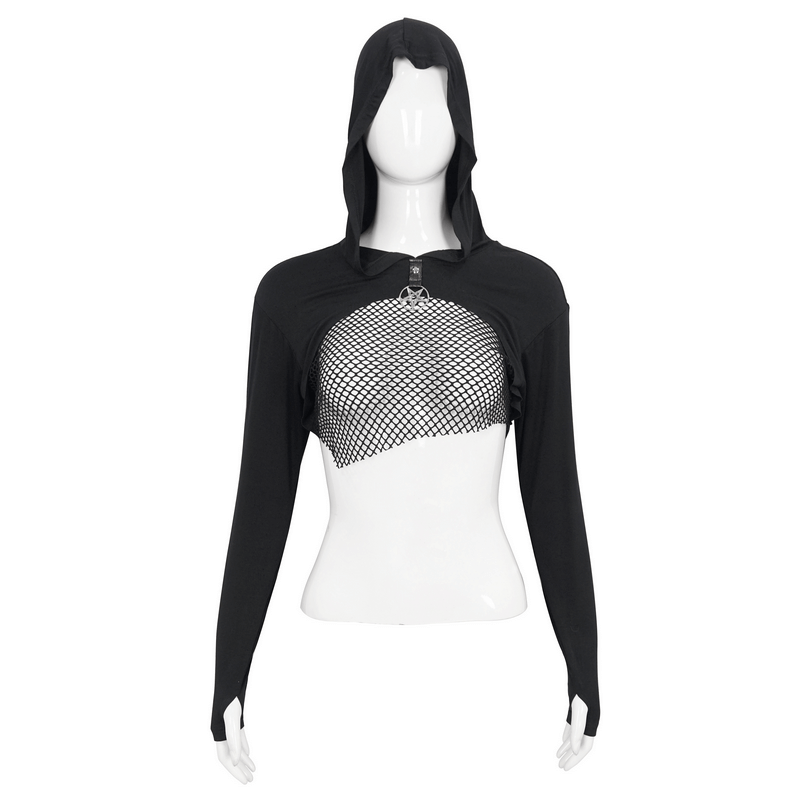 Black cropped hoodie with mesh detailing and a hood for a stylish, edgy look.
