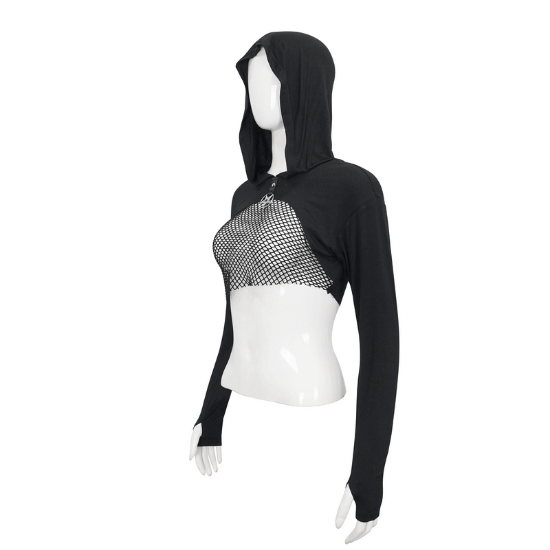 Gothic transparent top with lace-up back for women, featuring long sleeves and hood, perfect for a sexy outfit.