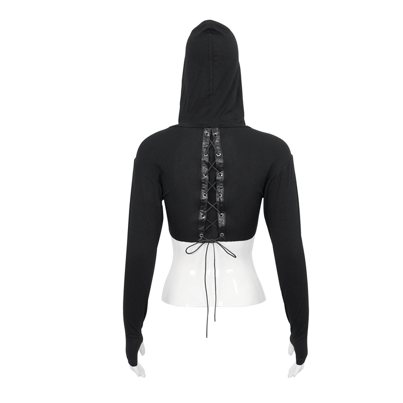 Sexy transparent women's gothic top with lace-up back detailing and long sleeves, perfect for a stylish, edgy look.