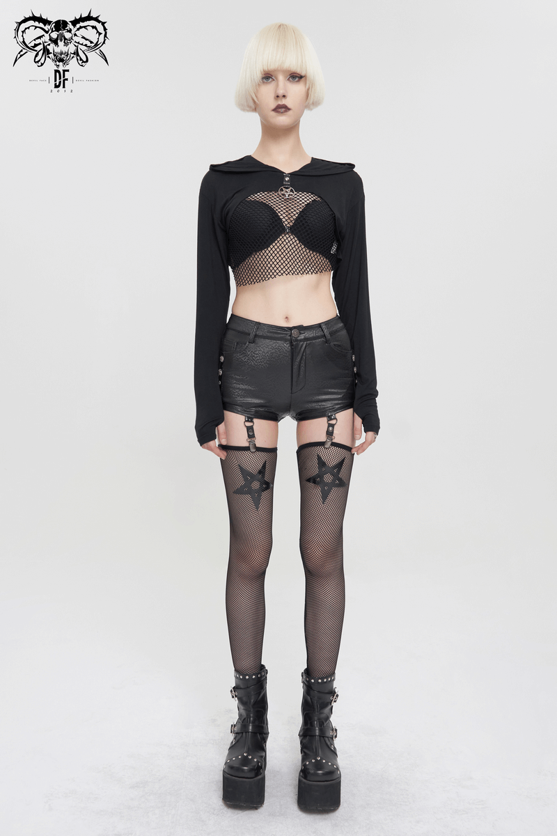 Gothic transparent top with lace-up back, paired with shorts and star-patterned stockings, perfect for a bold style.