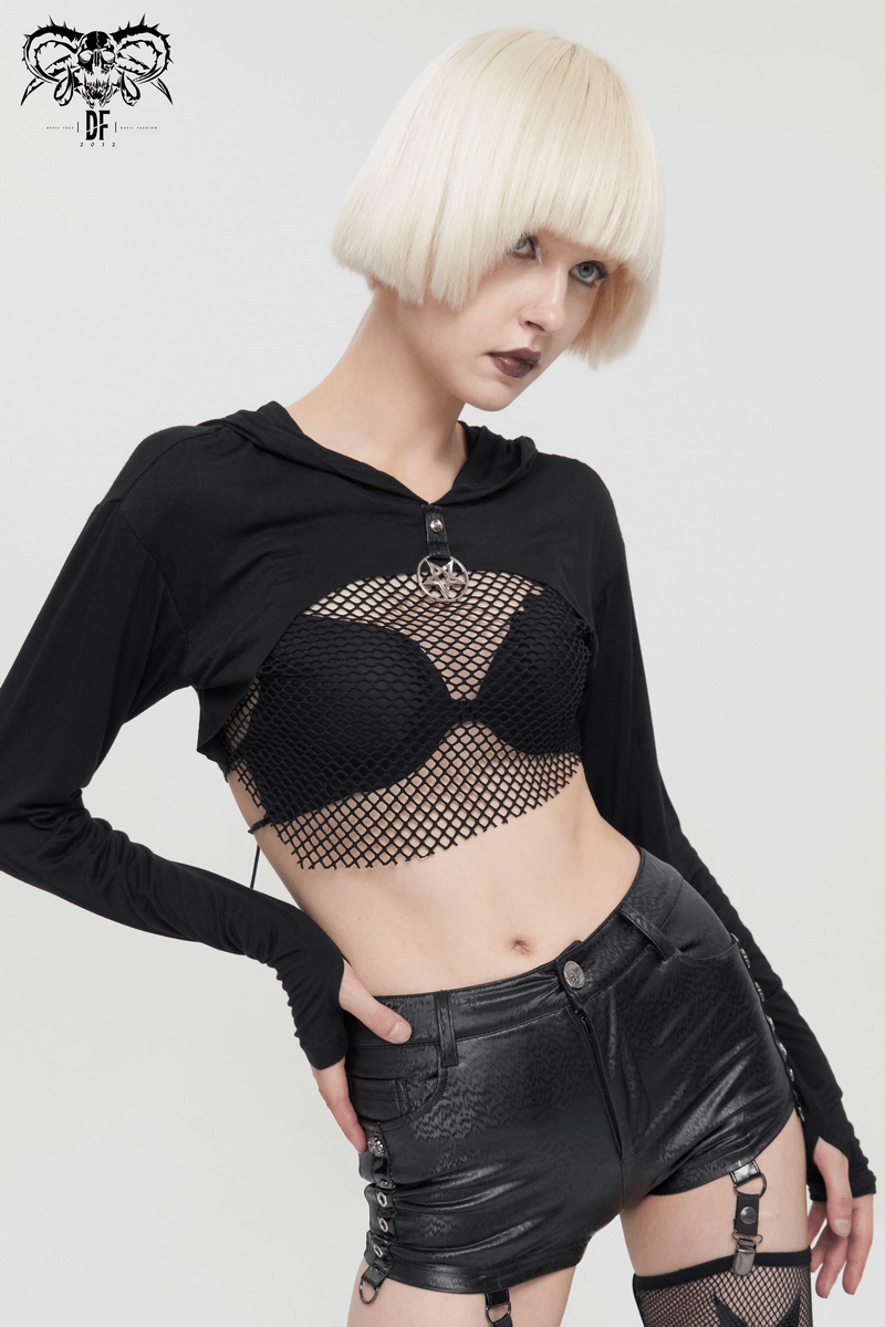 Gothic black long sleeve top with lace detailing, showcasing a model in stylish urban outfit, perfect for edgy fashion lovers.