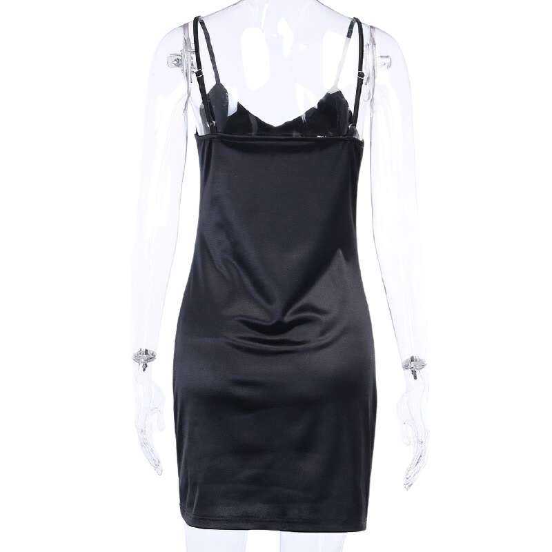 Back view of a sexy black v-neck slim women's gothic dress with straps and elegant bows.