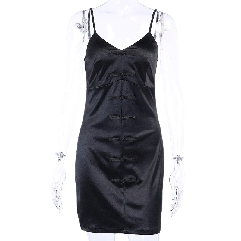 Black gothic slim women's V-neck dress with straps and decorative bows.