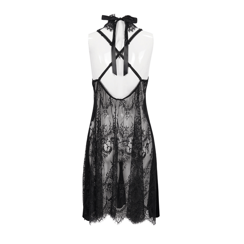 Sexy Velvet Lace Transparent High Slit Dress / Gothic Sleeveless Short Dress with Lace Collar - HARD'N'HEAVY