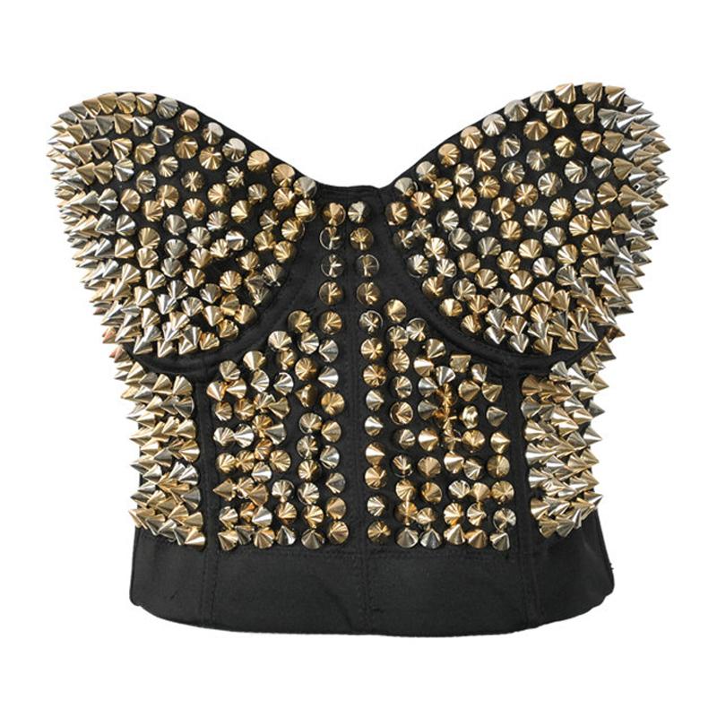 Sexy women's rock bra bustier with spikes in gold and silver, perfect for bold goth and rock outfits.