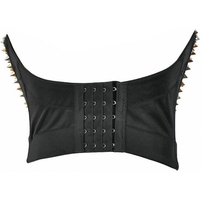 Black spiked women's rock style bustier bra, featuring rivets and lacing in a bold design for a unique goth look.