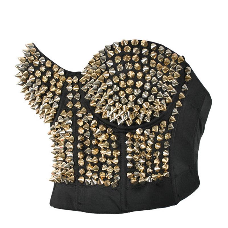 Sexy women's spiked bustier bra in black with gold and silver studs, perfect for rock or goth outfits.