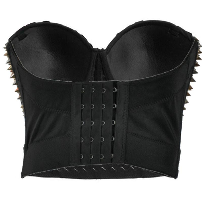 Rock style black bustier bra with spikes, perfect for a bold women's fashion statement.