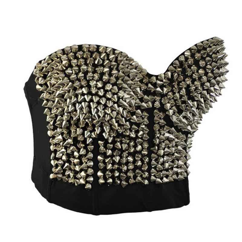 Sexy women's rock style bra with gold and silver spikes, perfect for bold goth outfits and edgy fashion.