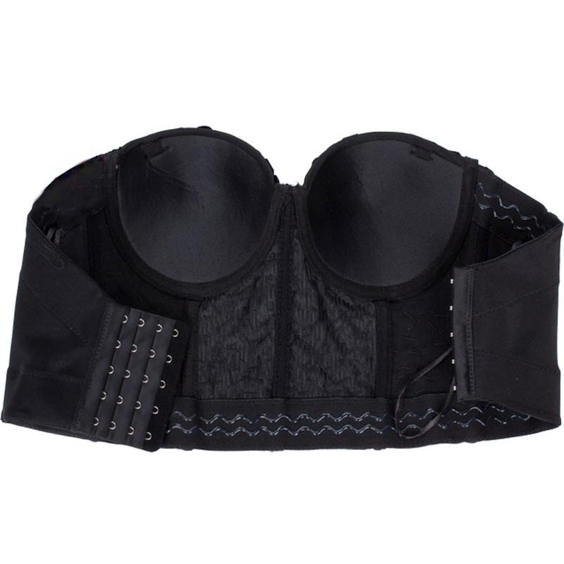 Black bustier bra with structured support and hook closures, perfect for creating a sleek silhouette.