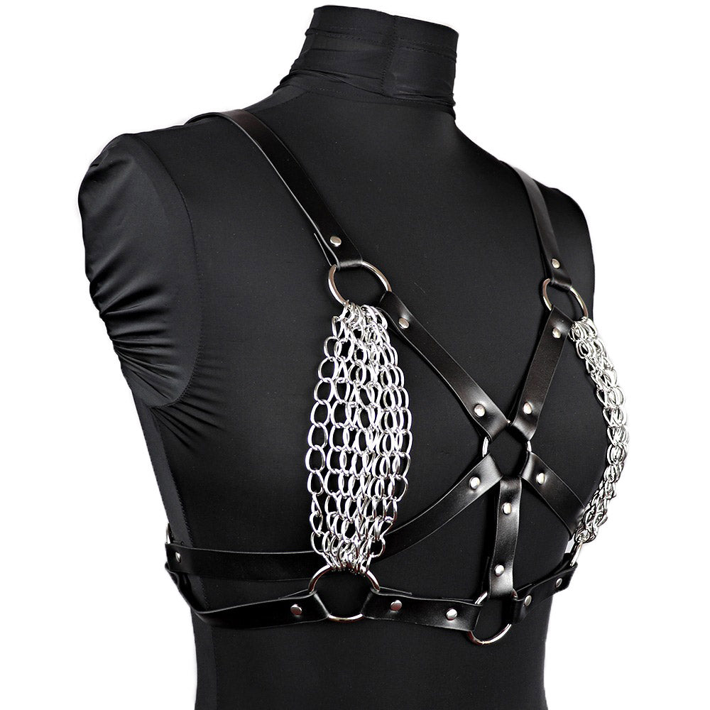 Sexy PU leather bra harness with chain details and metal rings, perfect for rave outfits or body bondage.