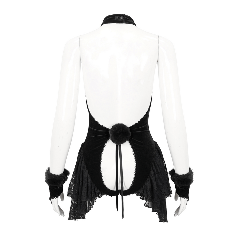 Sexy Women's Black Lace Bodysuit with Oversleeves / Gothic Halterneck Velvet Lingerie